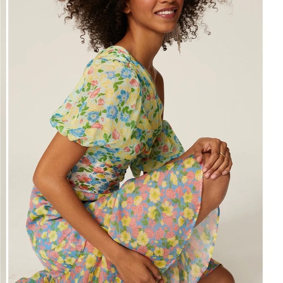 AMUR Pastel Floral Midi Dress. Jayla patchwork floral silk asymmetrical lined - Picture 2 of 13